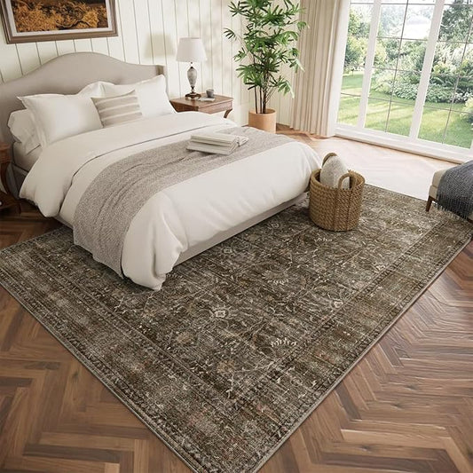 Washable 5x7 Area Rugs for Living Room, Boho Non-Slip Vintage Distress Rugs for Bedroom Dining Room Nursery Office, 0.3" Neutral Oriental Throw Thin Carpet with Cushioning Pad, Rust/Multi