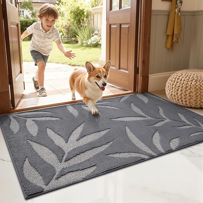 LUMI Indoor Door Mat 48x72, Washable Front Doormat with Welcome Leaf Pattern, Non-Slip Rubber Back Absorbent Mats for Entrance, Patio, Garage, Light Grey