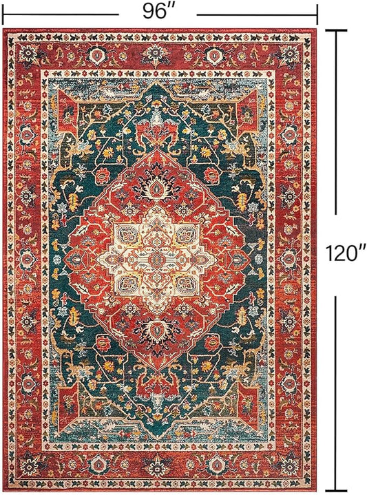YJ.GWL Area Rugs for Living Room 8x10 Machine Washable Rugs, Non Slip Floral Vintage Rug Indoor Carpet, Stain Resistant Large Rug for Bedroom Dining Room, Orange-Red