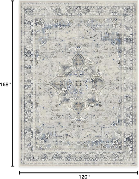 RUGGABLE Washable Vintage Area Rug – Sarrah Blue Quartz 10x14, Stain-Resistant, Non-Slip – Large Machine Washable Rugs for Living Room, Bedroom, Hallway, Entryway & Office–with Cushioned Pad