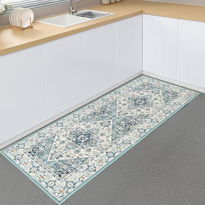 VK VK·LIVING Machine Washable Rug 2'x6' Vintage Design Washable Runner Area Rugs with Non Slip Rugs for Living Room Bedroom Traditional Woven Carpet Stain Resistant Dining Boho Rug, Green&Beige