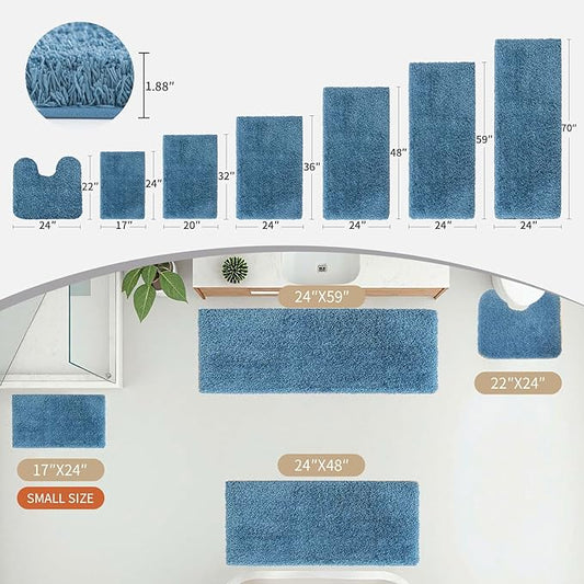 Blue Bathroom Runner Rug 24x70 Non Slip Fluffy Long Bath Mat for Bathroom Floor Washable Plush Luxury Large Bath Rug for Tub Absorbent Runner Rug for Bedside