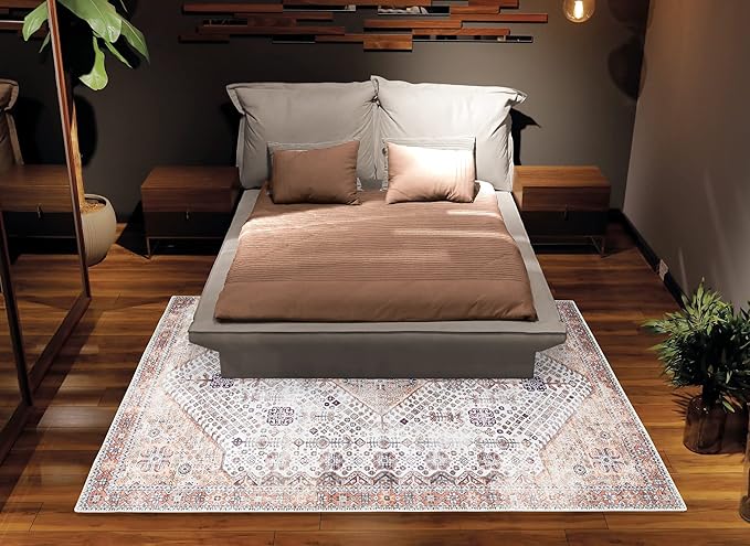 Bloom Rugs Washable Non-Slip 3' x 5' Rug - Sand/Orange/Purple Traditional Medallion Area Rug for Living Room, Bedroom, Dining Room, and Kitchen - Exact Size: 3' x 5'