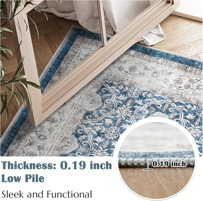 jinchan Floral 8x10 Area Rug for Living Room Machine Washable Vintage Distressed Boho Design Throw Rug Stain Resistant Carpet Low-Pile Thin Non-Slip for Bedroom Dining Room Nursery (8‘x10', Dark Blue)