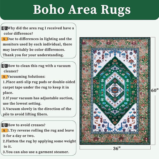SERISSA Area Rug 3x5 Boho Rugs for Bedroom, Washable Non-Slip Living Room Rug, Ultra Soft Print Distressed Vintage Green White Rug Low-Pile Throw Carpet for Entry Kitchen Bedroom Nursery Dorm Decor