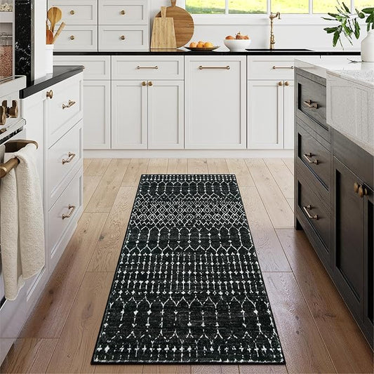 Lahome Moroccan Black Area Rug Non-Slip Low-Pile Washable Entryway Rug Kitchen Bath Mat 2'x4' Geometric Print Carpet for Hallway Bedroom