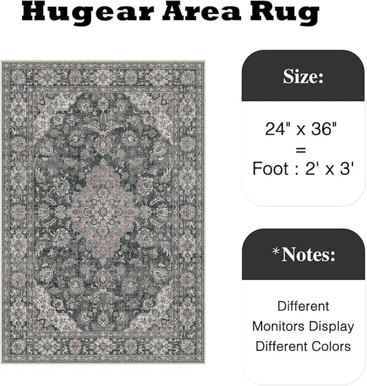 HUGEAR 2x3 Entryway Area Rug Retro Black Small Rug Machine Washable Door Mat Vintage Floral Low Pile Carpet Distressed Throw Rug Entrance Kitchen Bathroom Bedroom Office Non Slip Soft Lightweight