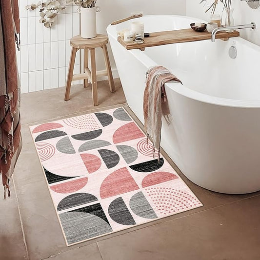 MUJOO Small Rug Washable,Boho 2x3 Area Rugs for Entryway Bathroom Entry Entrance Bedroom Kitchen,Front Door Mat Throw Carpet Non Slip Indoor Soft Modern Abstract Pink and Grey