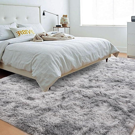 Beglad Fluffy Area Rugs 4x6 Feet, Modern Minimalist Style Shag Rugs, Non-Slip Indoor Carpet Soft Rugs for Bedroom, Living Room & Kids Room, Tie-Dyed Light Grey