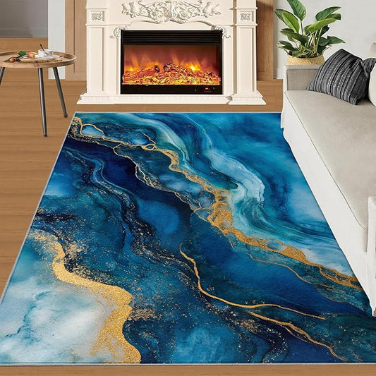Blue Gold Marble Rugs for Bedroom - 2x3 Area Rug - Modern Fashion Marble Rugs for Living Room, European Light Luxury Art Rug, Washable Home Decor Carpet