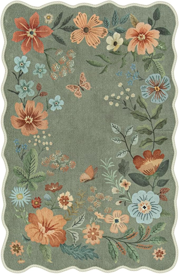 Lahome Floral Washable Rugs, 4X6 Rug for Bedroom Ultra-Thin Soft Dining Room Rug, Non-Slip Living Room Rugs Stain Resistant Boho Rug Lightweight Low-Pile Throw Rug for Office (4x6ft,Green)