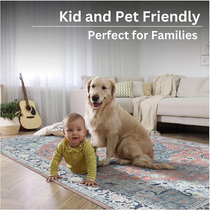 Bloom Rugs Washable Non-Slip 6' x 9' Rug - Coral/Blue Traditional Medallion Area Rug for Living Room, Bedroom, Dining Room, and Kitchen - Exact Size: 6' x 9'