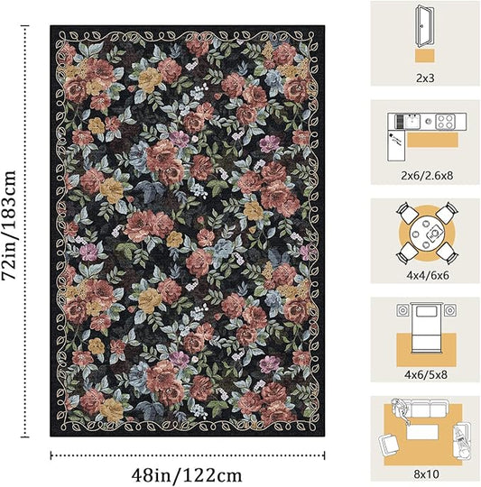 4x6 Machine Washable Area Rug for Living Room, Black Vintage Boho Floral Rug Large Non-Slip Low Pile Soft Faux Wool Carpet, Kids and Pets Friendly for Bedroom Dining Room Farmhouse Home Decor Rug