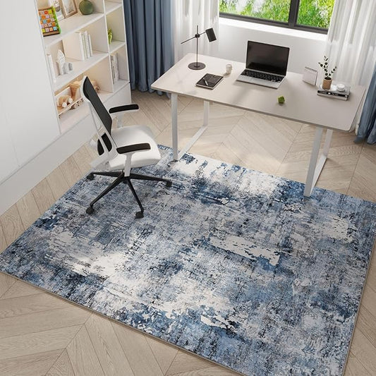 Rugcomf 4x6 Rug Washable Boho Soft Area Rug Abstract Pattern Non-Slip Faux Wool Vintage Rug for Living Room, Bedroom Rug, Farmhouse, Dining Room, Indoor, Kids Playroom, Blue