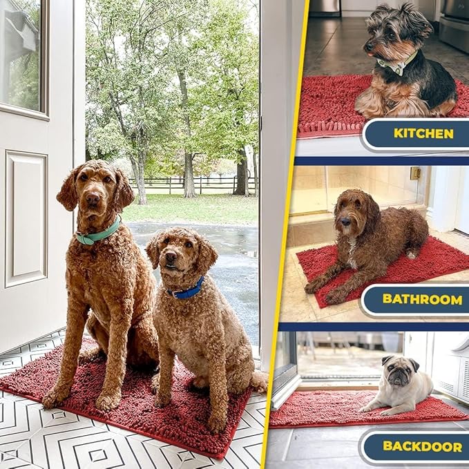 Muddy Mat® AS-SEEN-ON-TV Highly Absorbent Microfiber Door Mat and Pet Rug, Non Slip Thick Washable Area and Bath Mat Soft Chenille for Kitchen Bathroom Bedroom Indoor and Outdoor - Red 24" x 96"