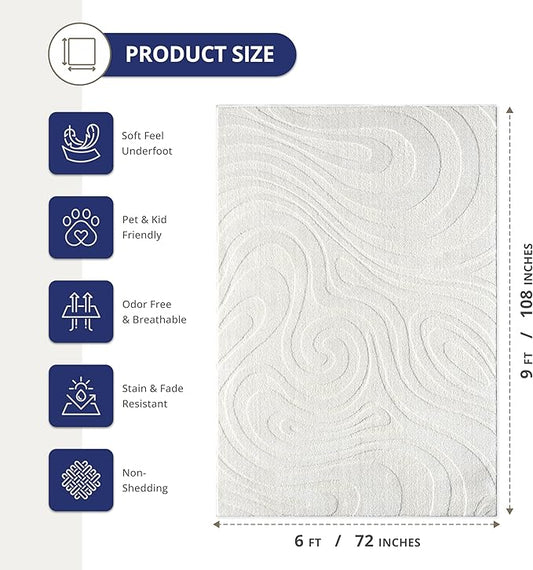 Abani Cozy Cream Area Rug for Living Room, Bedroom - Swirl Waves Pattern - 6' x 9' - Durable & Easy to Clean