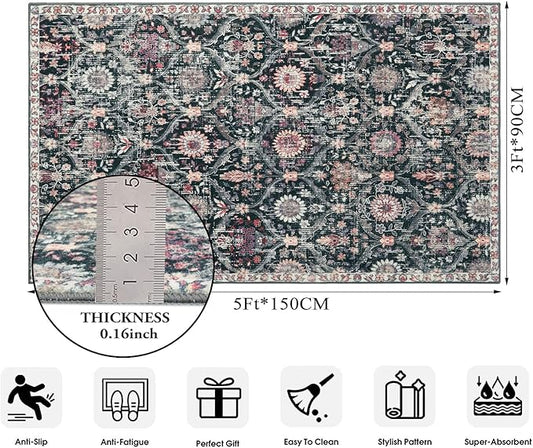 Lahome Moroccan Trellis Washable Small Area Rug, 3x5 Black Rug for Bedroom Living Room, Non-Slip Oriental Accent Throw Carpet for Kitchen Office Entryway Bathroom Office, Black/Multi
