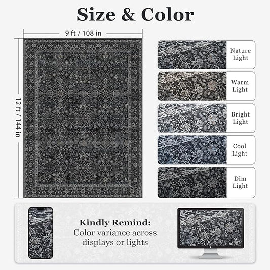 Vintage Charcoal Large Area Rugs 9x12 for Living Room, Earth Tone Dark Big Room Carpet Rug for Bedroom Dining Room, Washable Rug with Rubber Backing Low Pile Thin Soft for Family Room