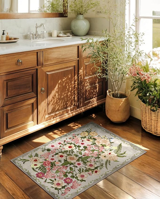 Door Mat Indoor Entrance 2x3 - Floral Rug Washable Small Area Rug Non-Slip Low Pile Rugs for Entryway, Kitchen, Bedroom, Entry - Grey