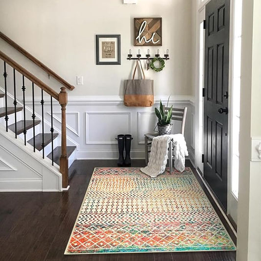 Moroccan 3x5 Rug,Ultra Soft Area Rugs for Living Room Non-Slip, Low-Pile Retro Distressed Colorful Nursery Rug for Kitchen Entryway Bedroom Living Room Office Carpet