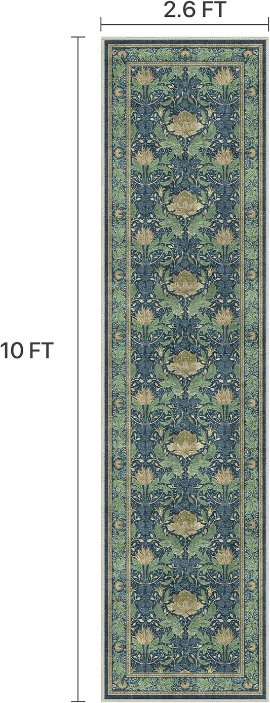 Bavni 2'6''x10 Runner Rug,Microfiber Washable Non-Slip Vintage Floral Rugs,Low Pile Lightweight Carpet for Bedroom,Hallway,Entryway,Kitchen,Bathroom, Tea Green/Blue