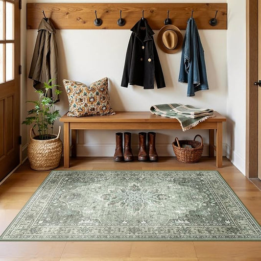 Area Rugs 3'x5' Washable Non-Slip, Floral Vintage Distress Print Pattern Medallion Carpet for Living Room Bedroom Dining Room, Dark Green Gray