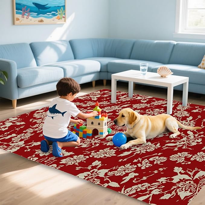 Red Flower Carpet for Living Room, 5x7 Non-Slip Washable Low Pile Abstract Design Rug, Space Saving Area Rug for Bedroom, Dining Room