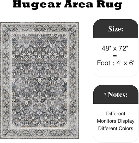 HUGEAR 4x6 Machine Washable Rugs Black Grey Hallway Area Rug Indoor Accent Rug Floral Low Pile Carpet Soft Throw Rug Bedroom Living Room Office Dining Room Kitchen Laundry Room Non Slip