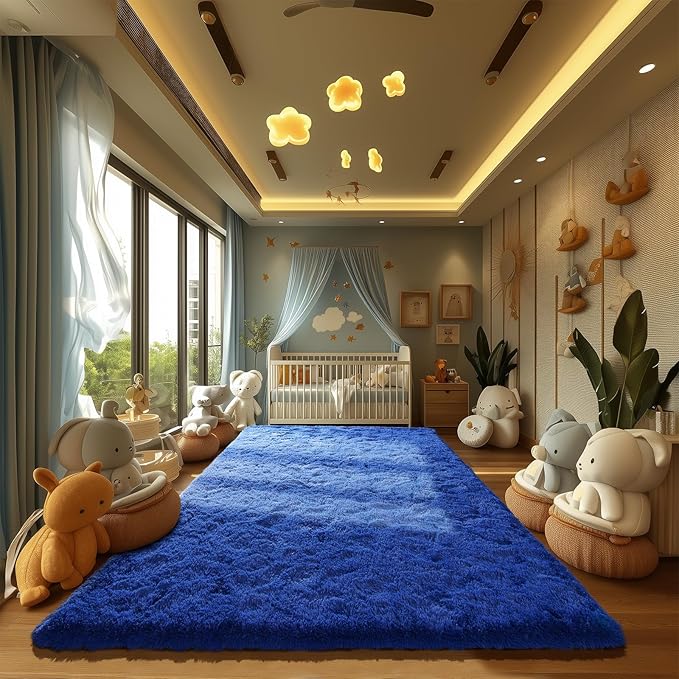 Zentavio Navy Blue Area Rugs for Living Room Boys Rugs for Bedroom 9x12 Large Shag Washable Carpet Soft Furry Fluffy Aesthetic Kids Playroom Rugs for Teen Home Decor