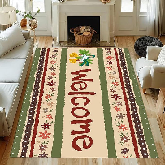 Vintage Christmas Area Rugs 5x7ft Merry Christmas Snowflakes Floral Winter Holiday Decorative Floor Mats Xmas Decorative Rugs for Living Room Bedroom Doormats Welcome Mats Non-Slip and Durable