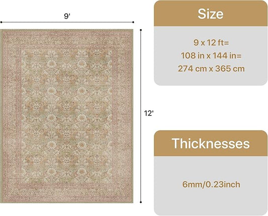 Bavni Vintage Floral Rugs 9x12, Large Washable Area Rug with Non Slip Backing, Low Pile for Living Room, Nursery,Bedroom & Home Decor, Lightweight Carpet, Brown Pink