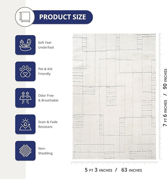 Abani Cream Area Rug – 5' x 8' – Oliver Collection – Geometric Linework Pattern – Non-Shedding, Easy to Clean – Durable for Living Room, Bedroom, or Office, Pet & Child Friendly