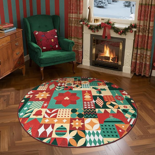 jinchan Round Christmas Rug 5ft for Living Room Washable Circle Christmas Bedroom Rug 5' Round Xmas Geometric Non-Slip Soft Carpet Festive Red-Green Holiday Patch Decor for Entryway Porch Kitchen