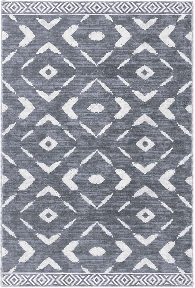 KILOCOCO Living Room Rug 5x7 Area Rug Printed Boho Washable Bedroom Rugs Non Slip Soft Large Moroccan Rubber Backed Indoor Rugs for Dining Room Office Farmhouse Geometric Carpet,Dark Grey