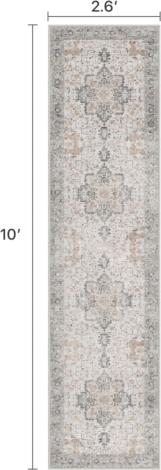 Runner Rug 2'6''x10, Non Slip Vintage Hallway Runner Rugs, Low Pile Lightweight Machine Washable Mat for Hallway, Entryway, Bedroom, Kitchen and Corridor, Light Taupe Brown