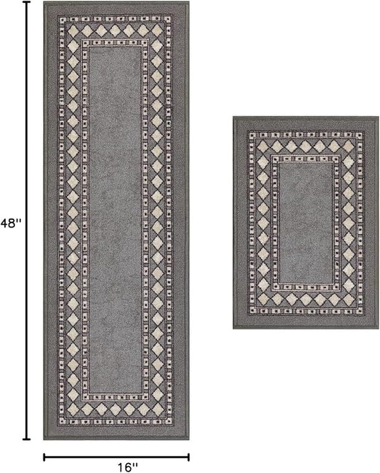 Antep Rugs Alfombras Modern Bordered 2pc Non-Skid (Non-Slip) Low Profile Pile Rubber Backing Indoor Kitchen Runner Rugs (Gray, 2pc Set)