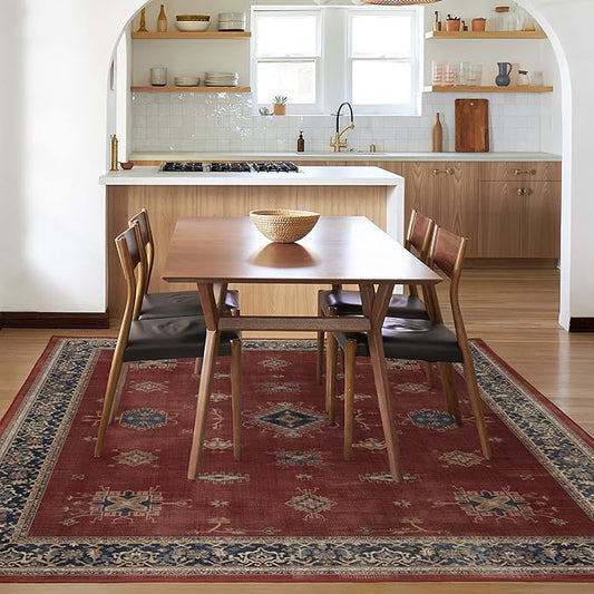 RUGGABLE Washable Vintage Area Rug – Verena Amber Red 6x9, Stain-Resistant, Non-Slip – Medium Machine Washable Rugs for Living Room, Bedroom, Hallway, Entryway & Office–with Cushioned Pad