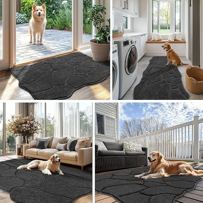 Large Dog Door Mat for Muddy Paws, 35x59 Absorbent Dirt Trapper Long Door Mat, Non-Slip Washable Mud Mat for Dogs, Polyester Microfiber Soft Pet Rug for Entryway, Mud Dog Paws, Patio (Charcoal)