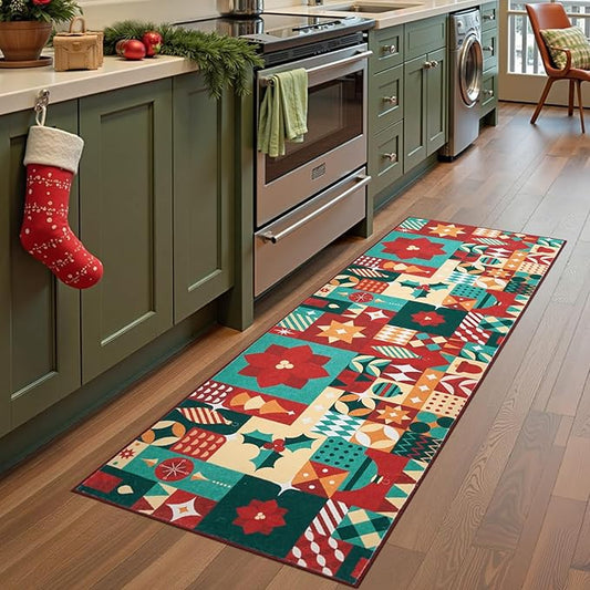 jinchan Christmas Runner Rug 2x6 for Entryway Washable Christmas Kitchen Rug Xmas Geometric Floor Mat for Hallway Non-Slip Soft Carpet Festive Red-Green Holiday Patch Decor for Bathroom Porch Bedside