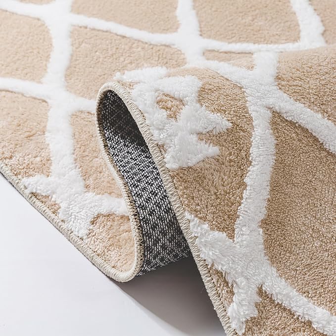 Beige 8x10 Area Rug Moroccan Shag Living Room Washable Carpet Soft Non Shedding Neutral Boho Plush Pile Modern Large Throw Rug for Office Bedroom Dining Room Playroom