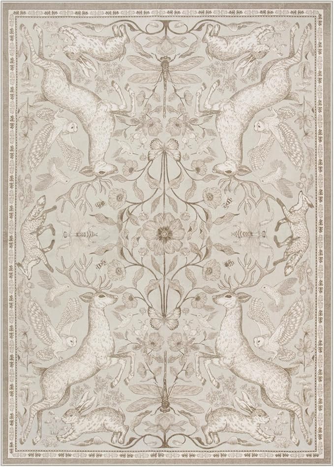 Lahome Boho Animal 5x7 Washable Living Room Area Rugs, Beige Soft Rugs for Bedroom, Botanical Large Boho Non Slip Dining Room Carpet for Under Table Entryway Kitchen Office (5x7ft,Beige)