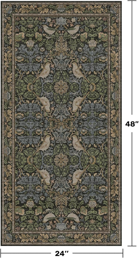 Washable Dark Vintage Floral Rugs for Entryway - Small 2x4 Runner Rug for Kitchen Bathroom Door Mat Indoor Entrance with Bird & Botanical Pattern, Brown Earthy Tones, Non Slip Low Pile