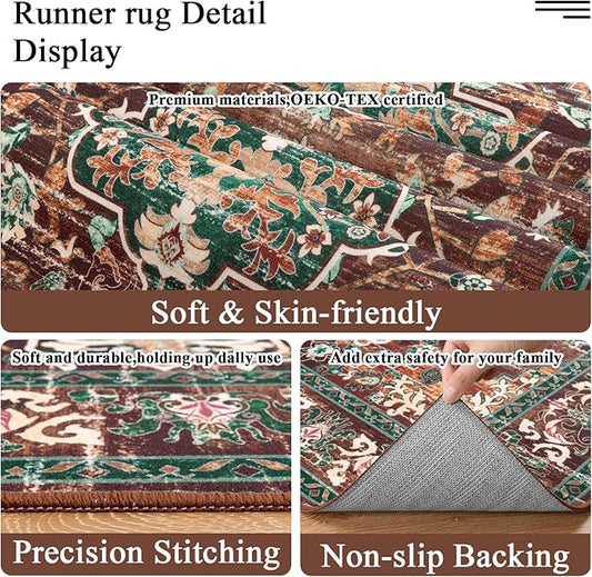 U'Artlines 3' x 14' Boho Hallway Runner Rug, Rust Non Slip Washable Vintage Farmhouse Accent Rug Carpet for Kitchen Entryway Laundry and Living Room (Rust&Teal)
