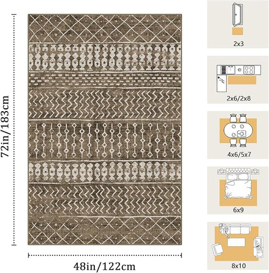 4x6 Machine Washable Area Rug for Living Room, Brown Vintage Moroccan Rug Large Non-Slip Low Pile Soft Faux Wool Carpet, Kids and Pets Friendly for Bedroom Dining Room Farmhouse Home Decor Rug