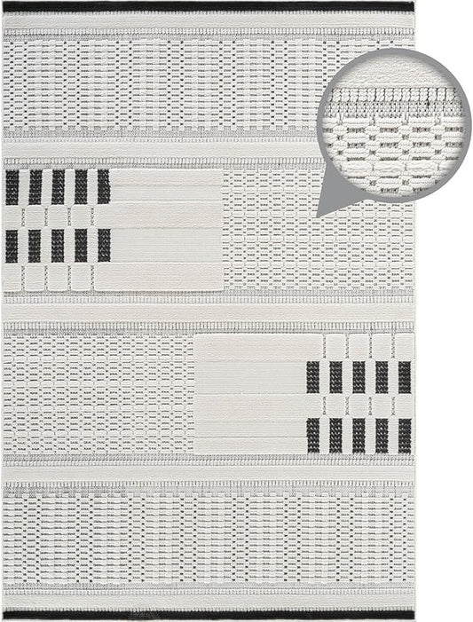 CAMILSON Modern Rug 6x9 Luxury Geometric Pattern Micro Loop Area Rugs Soft High and Low Pile Stain Resistant Easy to Clean Non-Shedding Durable Living Room Office Indoor Carpet (White/Black)