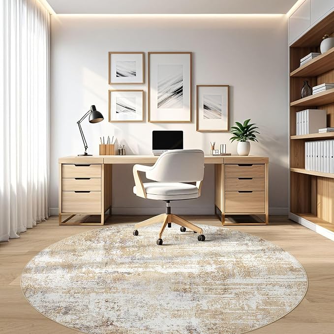 Round Rug Living Room Rugs: 4x4 Washable Circle Abstract Modern Soft Stain Resistant Non-Slip Indoor Floor Carpet for Bedroom Entryway Nursery Office Dorm Home House Decor- Gray Gold
