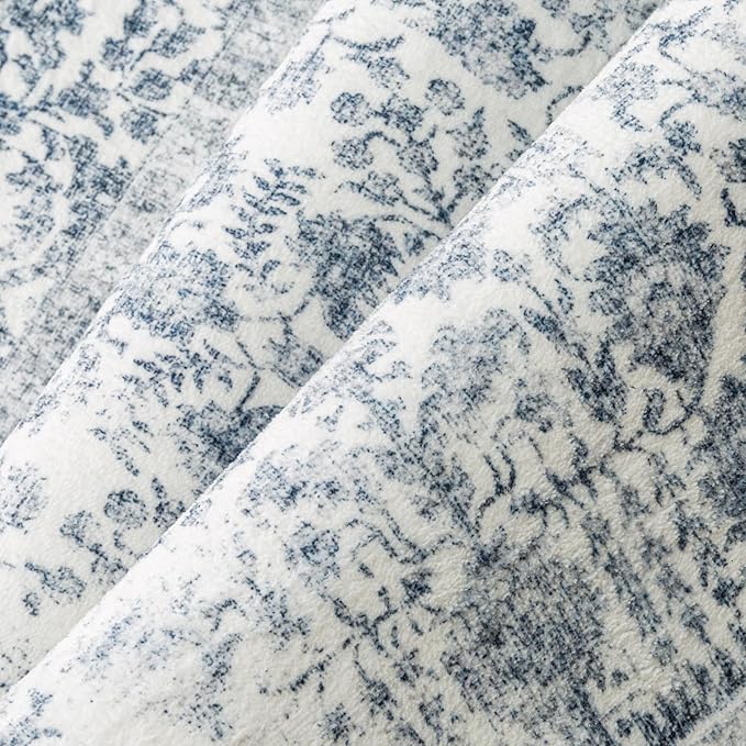 Navy Blue Area Rug 9x12 Machine Washable Large Vintage Living Room Distressed Non Slip Carpet Traditional Indoor Bedroom Retro Floral Accent Throw Rug for Office Kitchen Dining Room