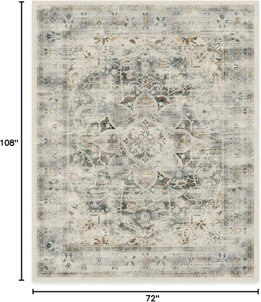 RUGGABLE Washable Vintage Area Rug – Sarrah Sage 6x9, Stain-Resistant, Non-Slip – Medium Machine Washable Rugs for Living Room, Bedroom, Hallway, Entryway & Office–with Cushioned Pad