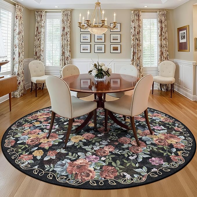 6ft Round Machine Washable Area Rug for Living Room, Black Vintage Boho Floral Rug Large Non-Slip Low Pile Soft Faux Wool Carpet, Kids and Pets Friendly for Bedroom Nursery Farmhouse Home Decor Rug