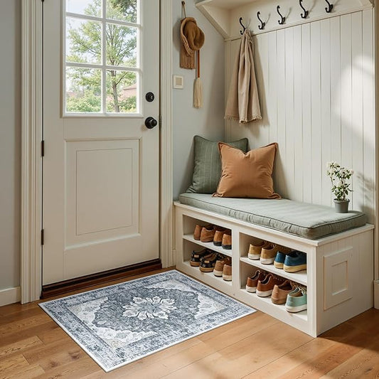Area Rugs 2'x3' Washable Non-Slip, Floral Vintage Distress Print Pattern Medallion Carpet for Living Room Bedroom Dining Room, Light Gray Grey White